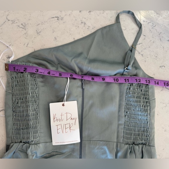 Show me Your Mumu Shannon One Shoulder Dress Silver Sage Luxe Satin Sz S NWT - Picture 8 of 12